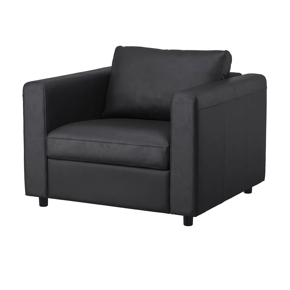 A VIMLE black leather chair with a square, modern design and sturdy legs.