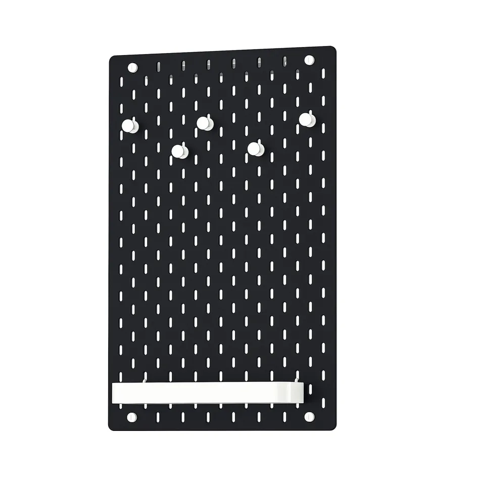 SKÅDIS black pegboard with metal hooks and shelf, rectangular shape and minimalist design.