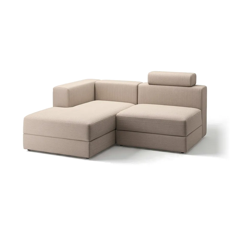 Modern modular sofa, beige with striped corduroy, l-shaped with storage, soft comfort.