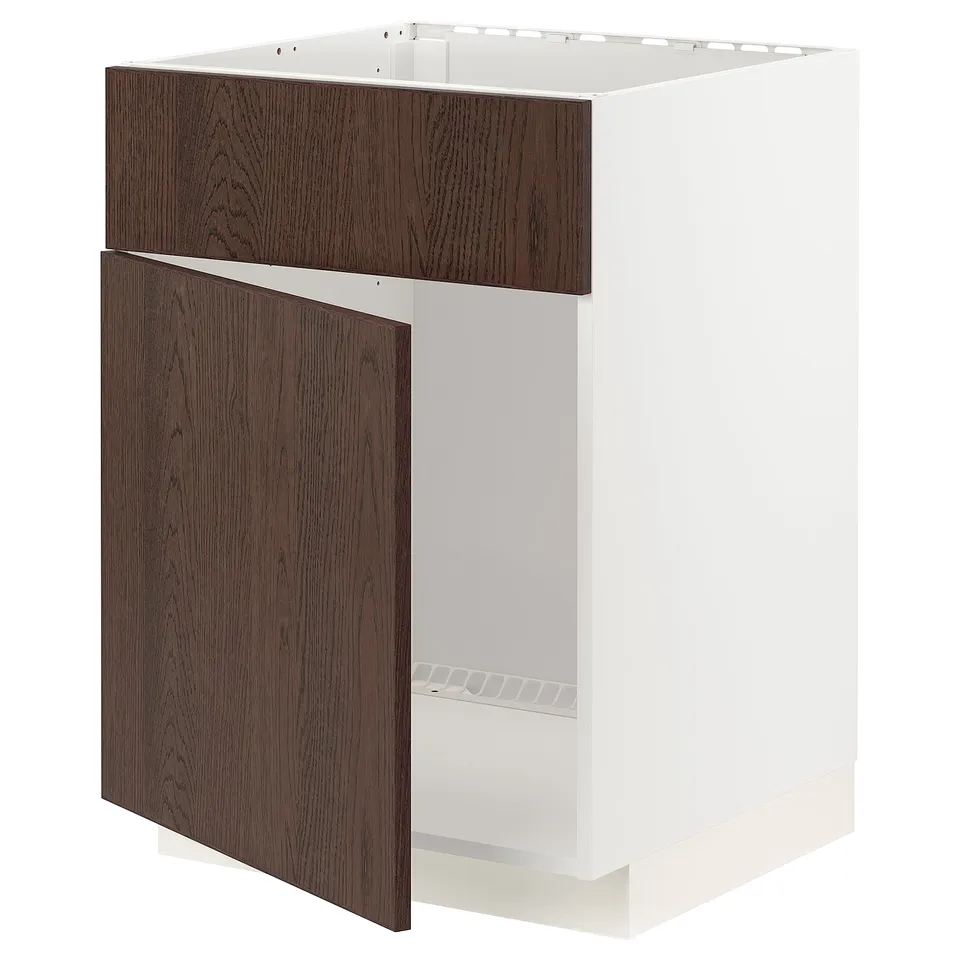 METOD kitchen cabinet, dark brown sinarp wood, white frame, square design, 25-year guarantee.
