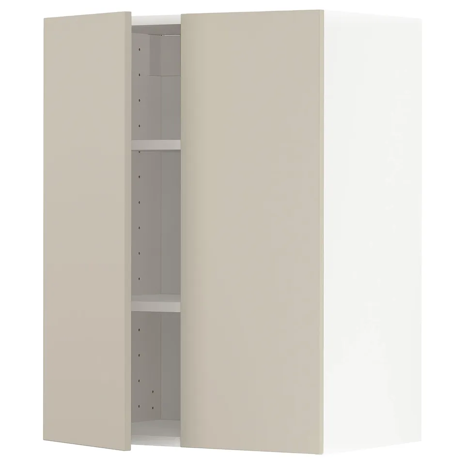 METOD kitchen cabinet in beige with two adjustable shelves, open door.