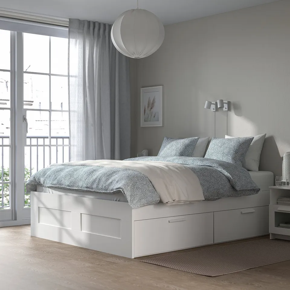 Minimalist bed: BRIMNES, white. Storage drawers, slatted base. Fits tight spaces. Soft décor.