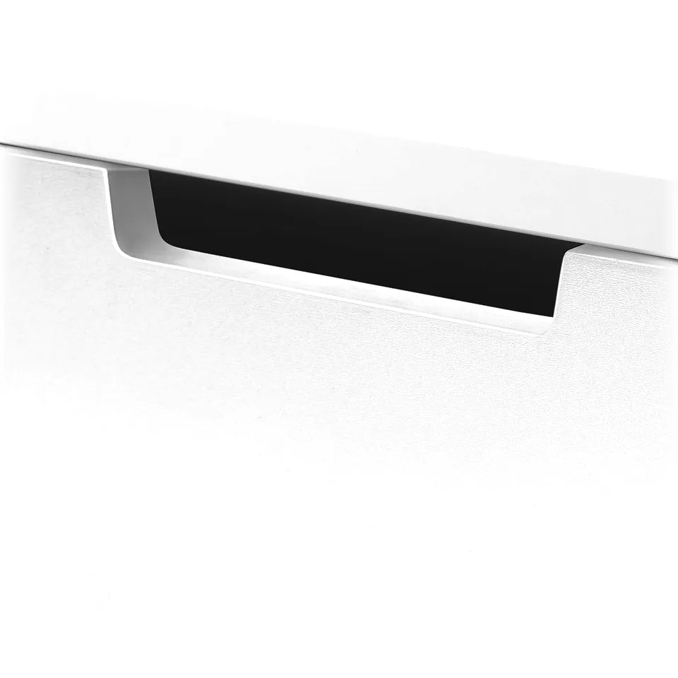 Close-up of modern white NORDLI drawer handle, sleek design, smooth finish.