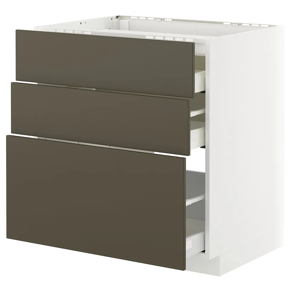METOD kitchen cabinet, dark brown fronts, 3 drawers, white frame.
