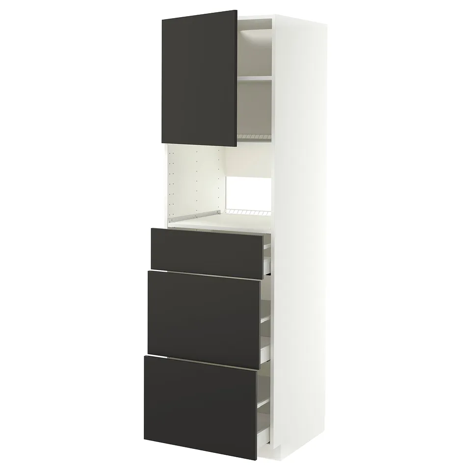 White and black METOD kitchen unit with 3 drawers and shelves.