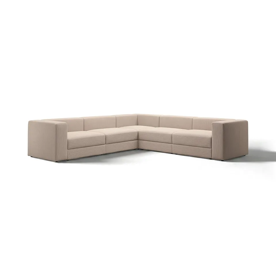 Modern l-shaped sectional sofa in neutral beige, featuring clean lines and a plush design, perfect for comfort and style.