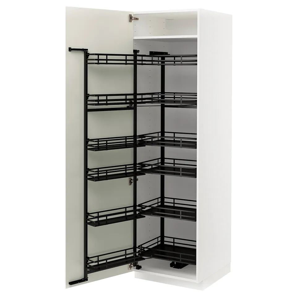White METOD cabinet, sleek and modern, with black pull-out shelves arranged vertically, providing organised storage.