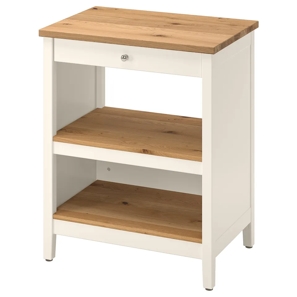 TORNVIKEN kitchen island, white & light wood, rectangular, open shelves, single drawer.
