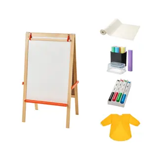 MÅLA set: easel + drawing paper roll + chalks + whiteboard pen with holder/eraser + apron with long sleeves, softwood + mixed colours + yellow, Height 112 x Width 48 x Length 66 cm