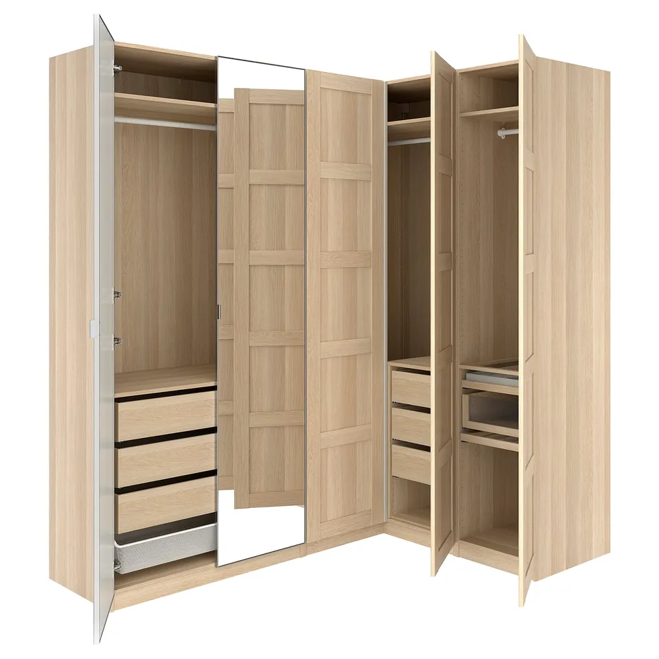 PAX / BERGSBO/ÅHEIM Corner wardrobe, white stained oak effect/oak veneer mirror glass, 211/161x236 cm