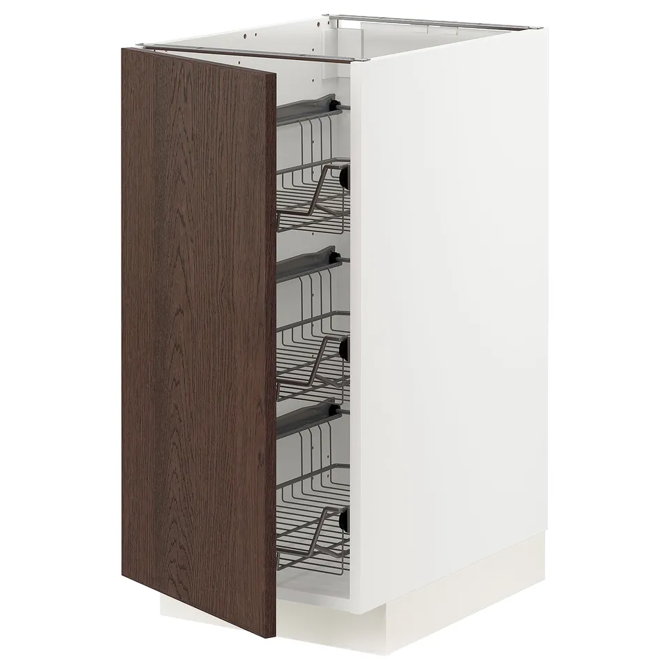 Dark brown wooden cabinet with pull-out wire shelves, white frame.