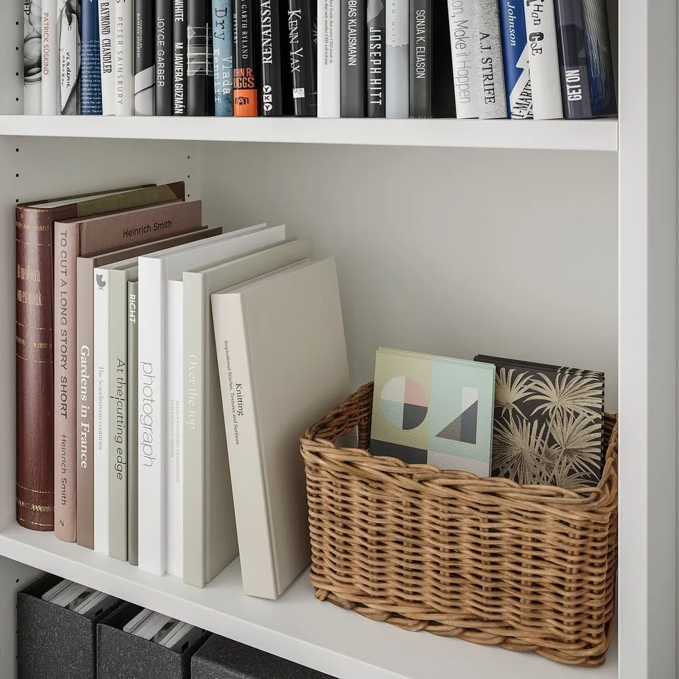 Bookshelf with adjustable shelves, basket for storage, various books and magazines.
