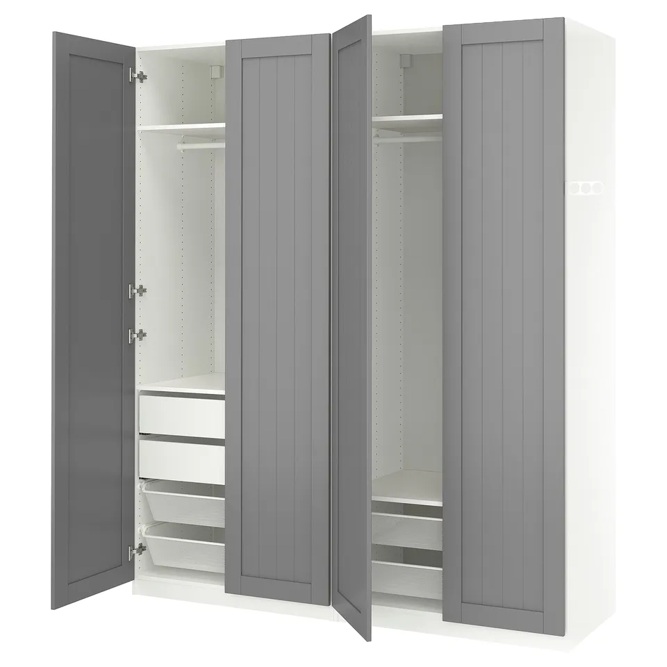 Grey PAX wardrobe, open showing drawers, shelves, and rail.