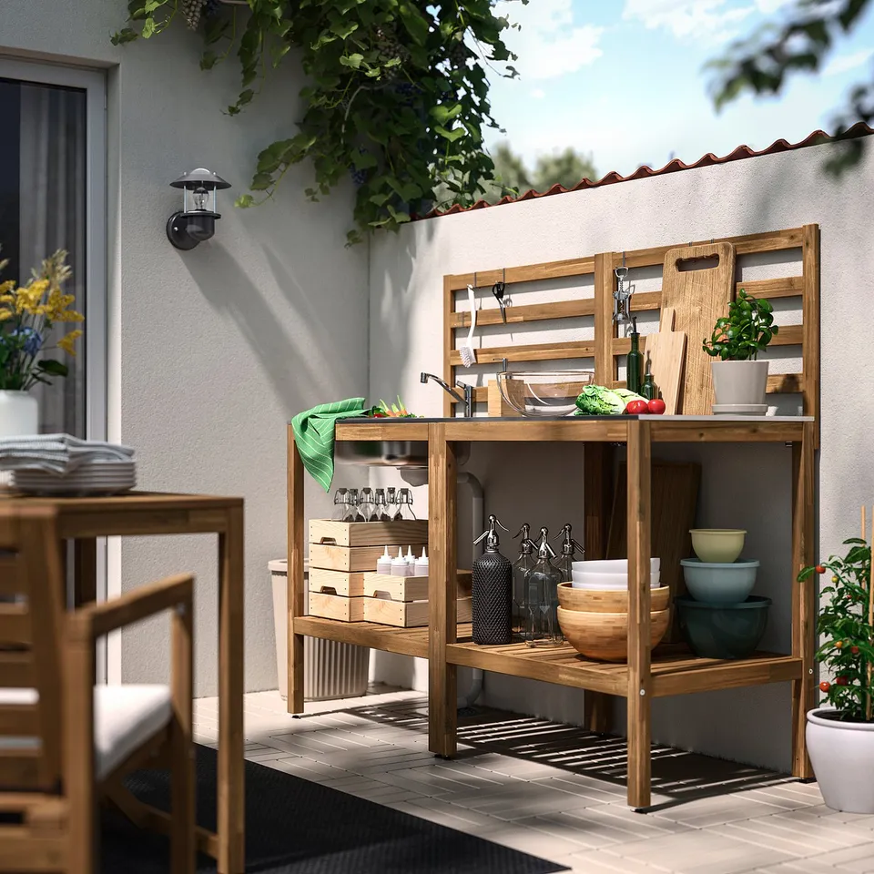 NÄMMARÖ Kitchen with sink unit, outdoor, light brown stained/stainless steel, 80x62 cm