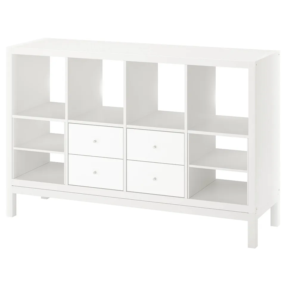A white KALLAX shelving unit with drawers and open compartments. Modern, minimalist design for storage.