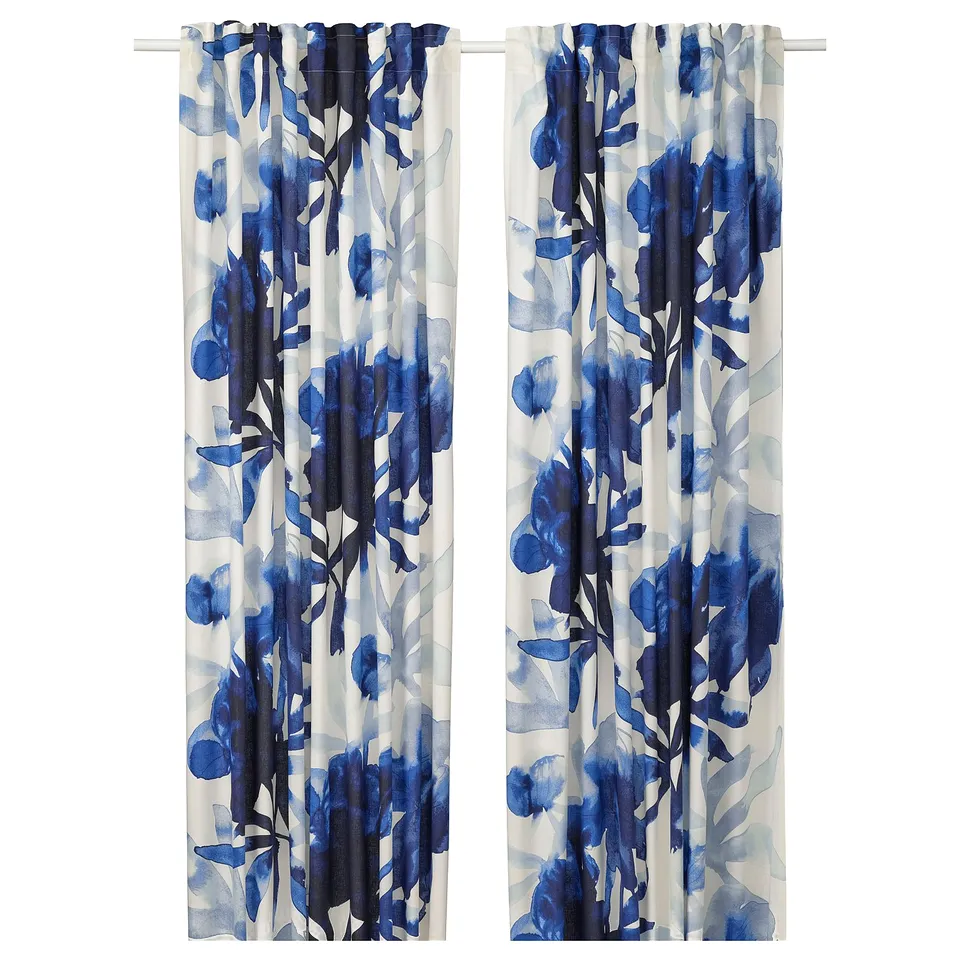 SKOGSNÄSSLA Curtains, 1 pair, white/blue floral pattern/with heading tape, 145x300 cm