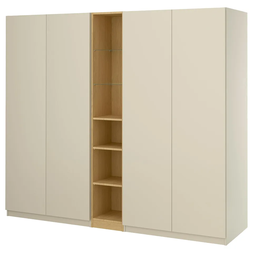 PAX / FORSAND Wardrobe combination, grey-beige grey-beige/oak effect, 235x60x201 cm
