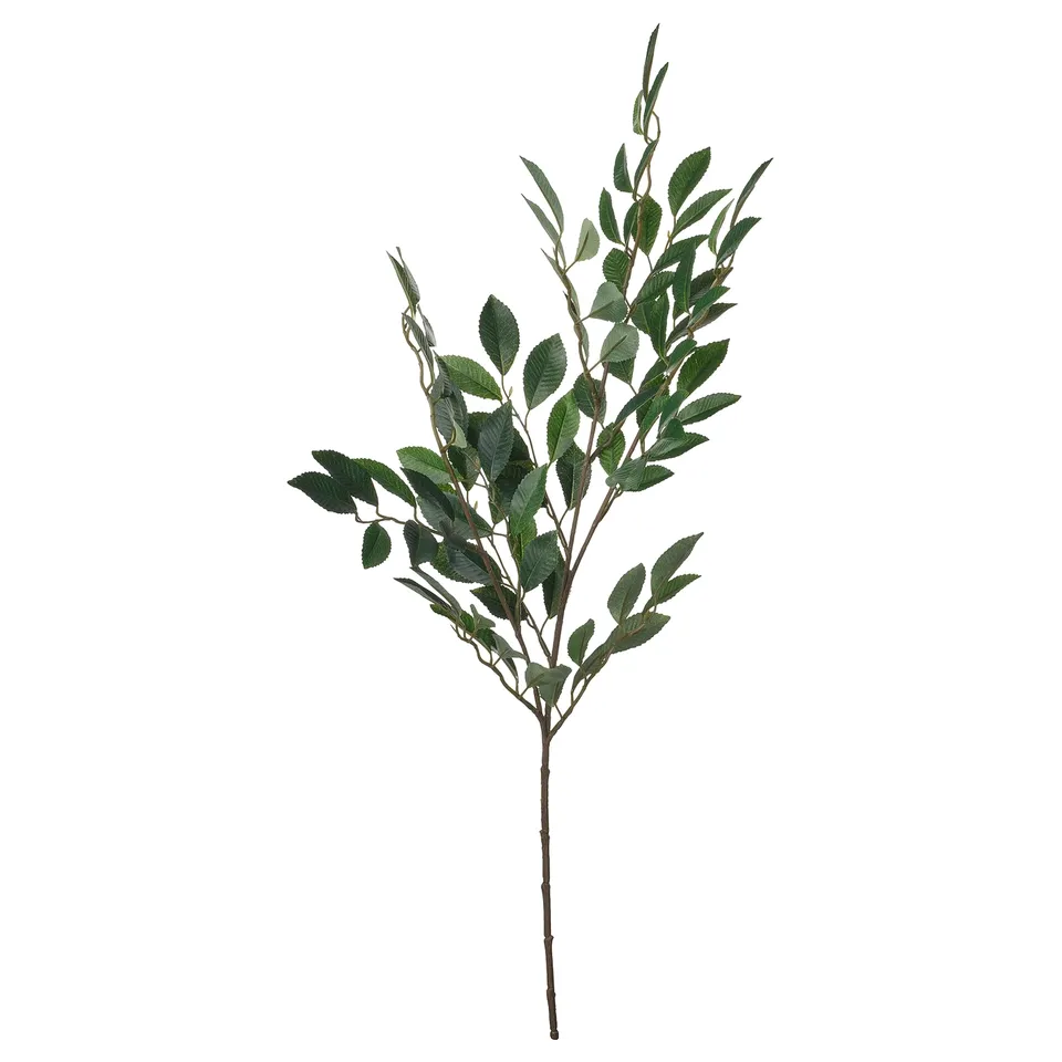 Artificial green leafy branch, recycled plastic, realistically shaped.