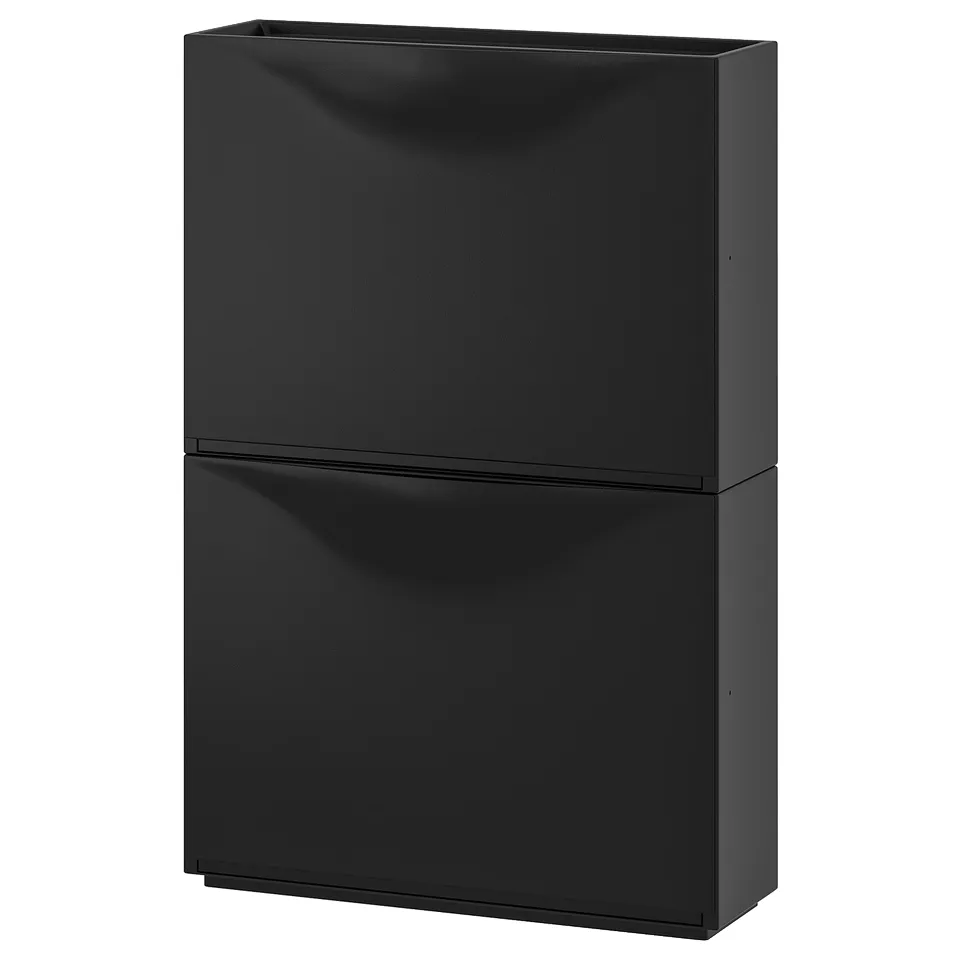 Black TRONES cabinet, sleek modern design, shallow shape, polypropylene plastic, ideal for small spaces.