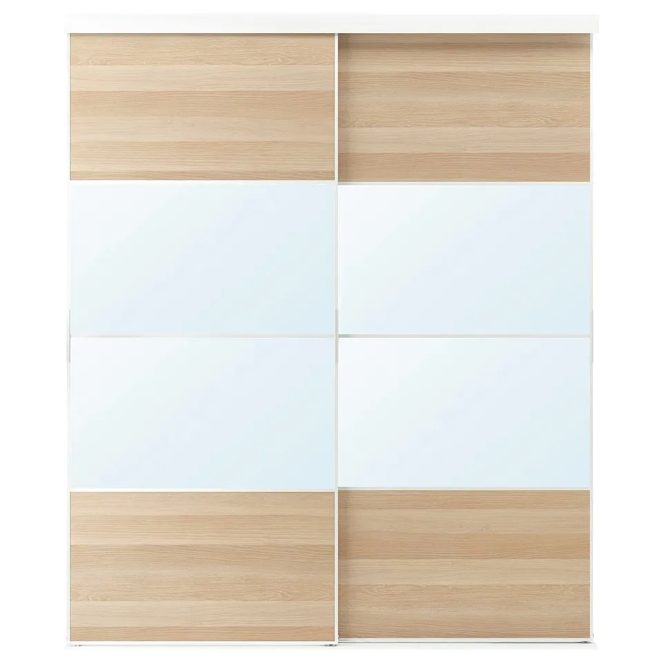 Modern white & oak sliding wardrobe with mirrored doors.
