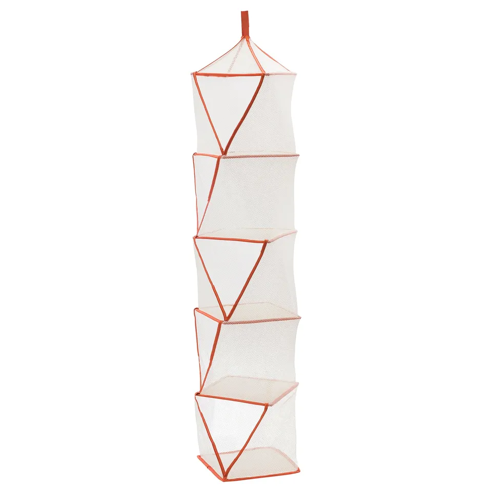 TIGERFINK orange mesh hanging closet organiser, five shelves.