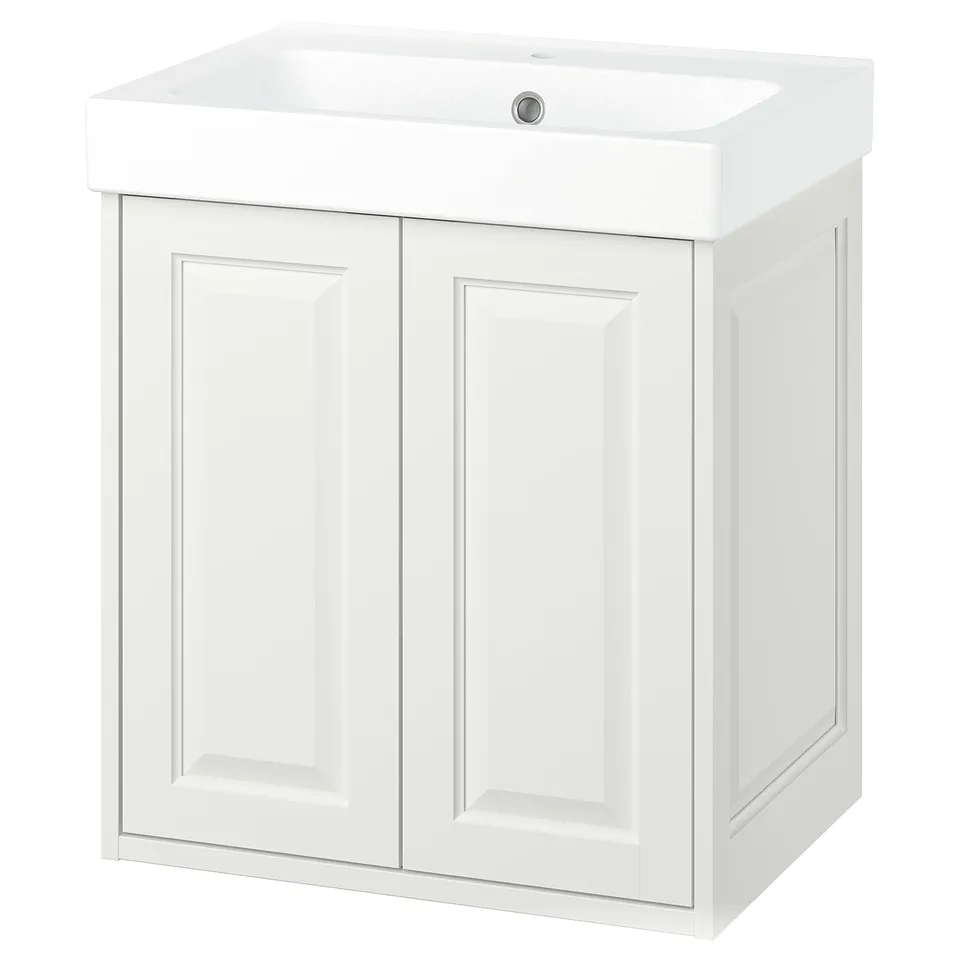 White TÄNNFORSEN bathroom vanity, classic design with bevelled edges, two doors, and a deep sink.