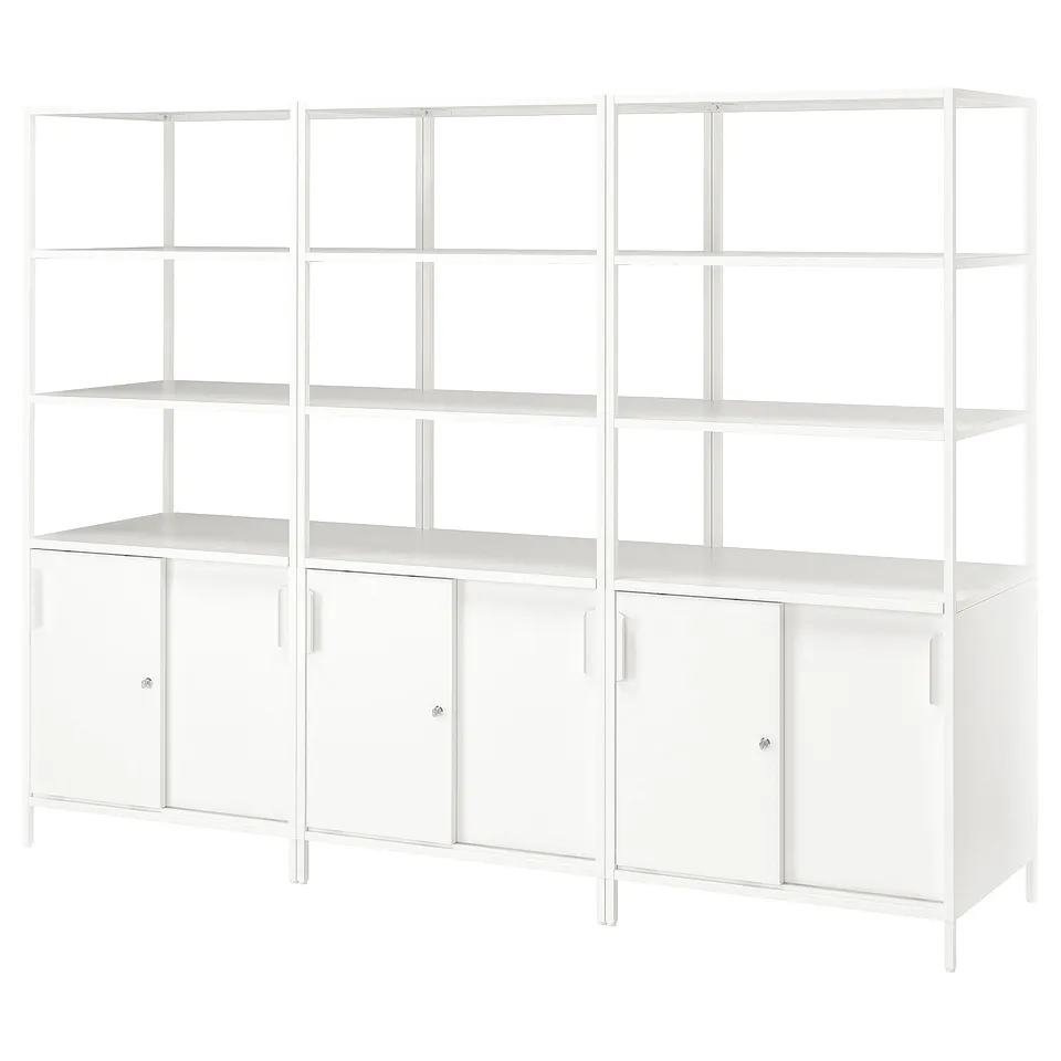 A white TROTTEN storage unit with open shelves and closed cabinets. It a sleek, modern design with metal construction.