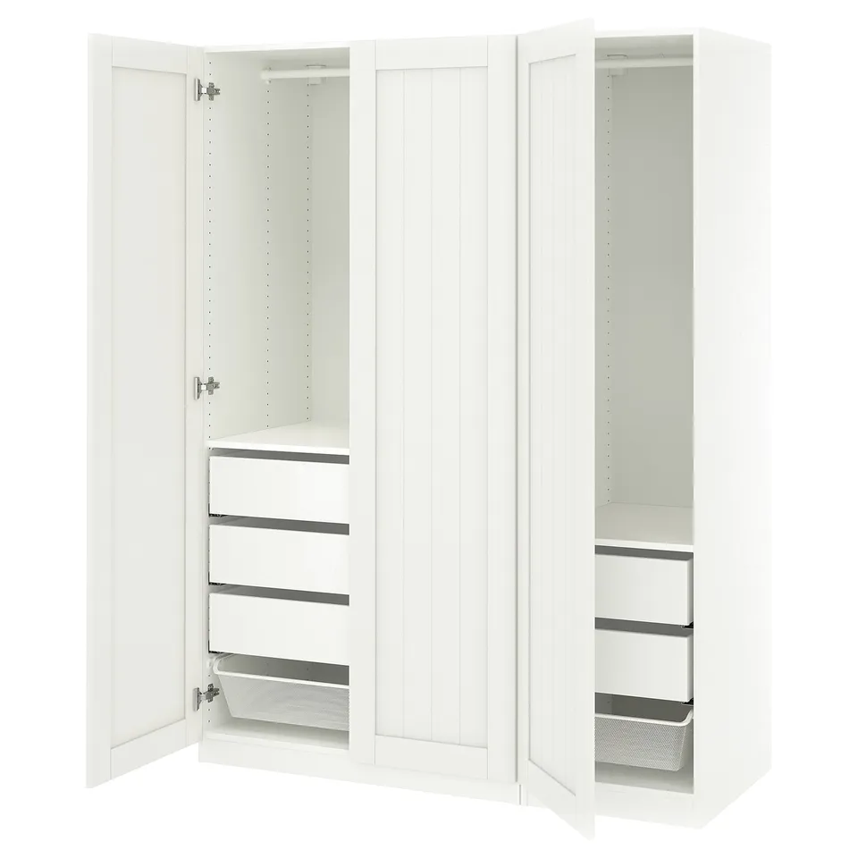 White PAX wardrobe with doors open, showing shelves and mesh baskets.