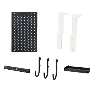SKÅDIS set: pegboard + connector for wardrobe + hook rack + hook + shelf, black + white, 36x56 cm