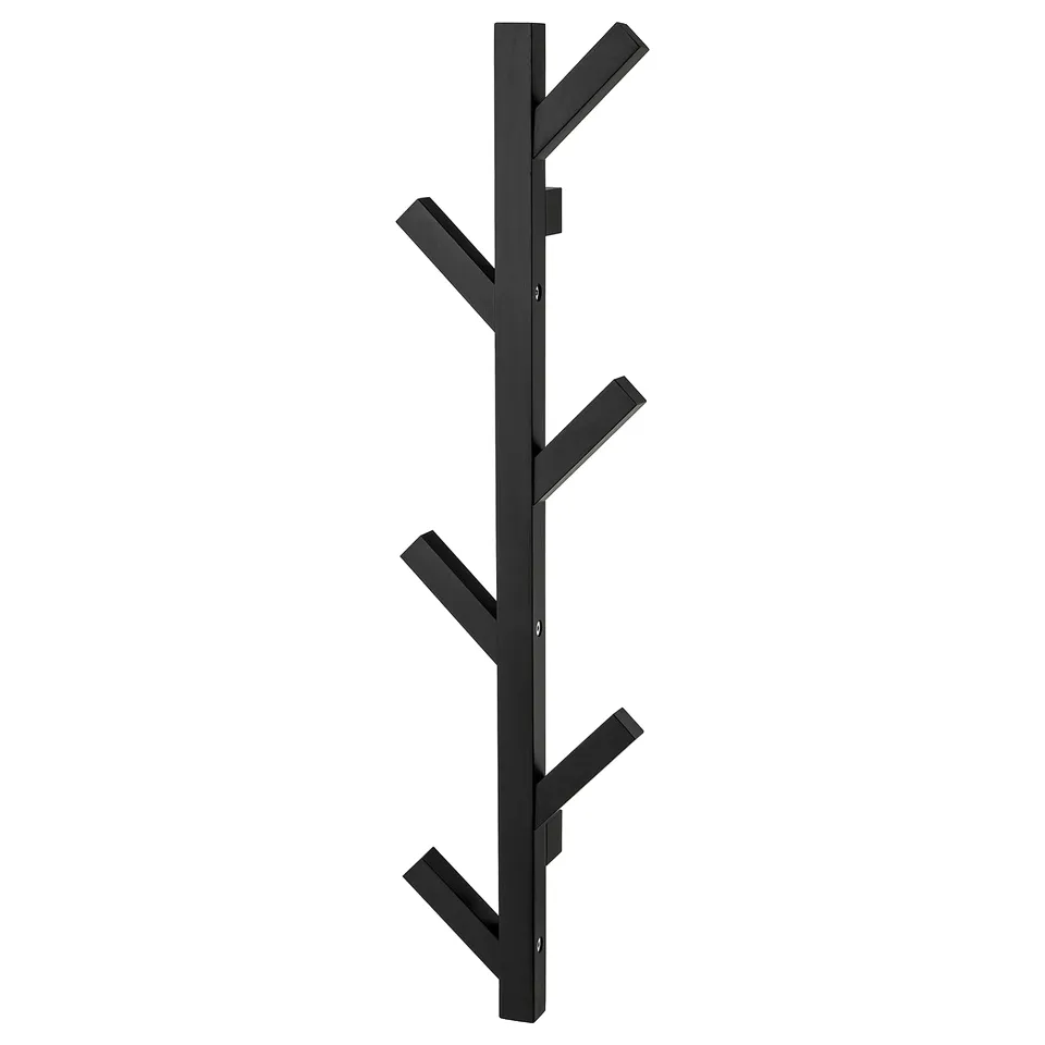 Black TJUSIG wooden coat rack with five branches for hanging items.