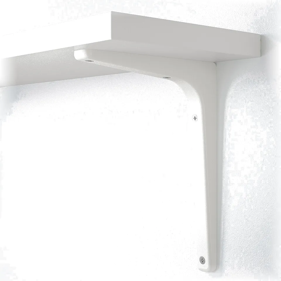 White wall-mounted shelf with clean lines and sturdy support. Modern design, affixed with screws.
