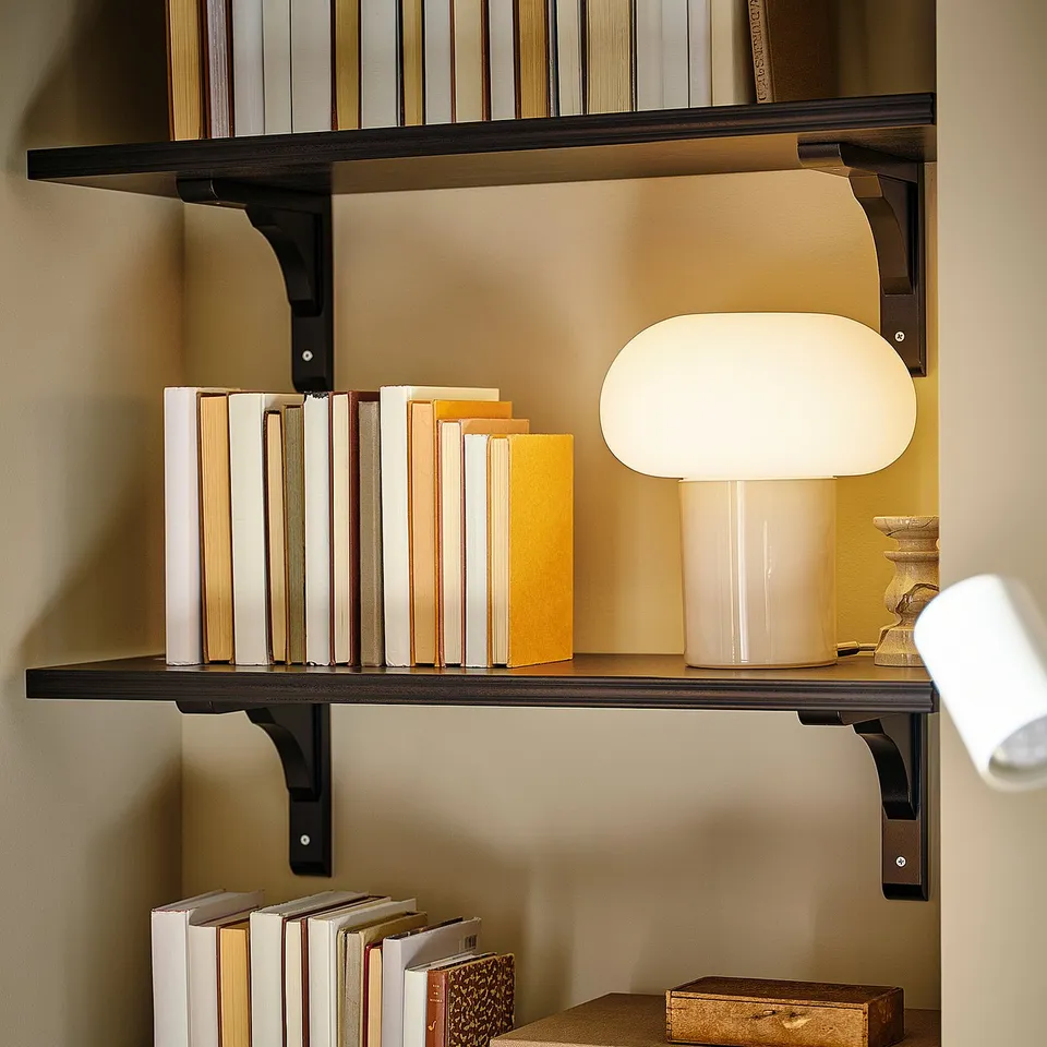 Shelf with books and lamp; modern design; brown-black; three-tiered.