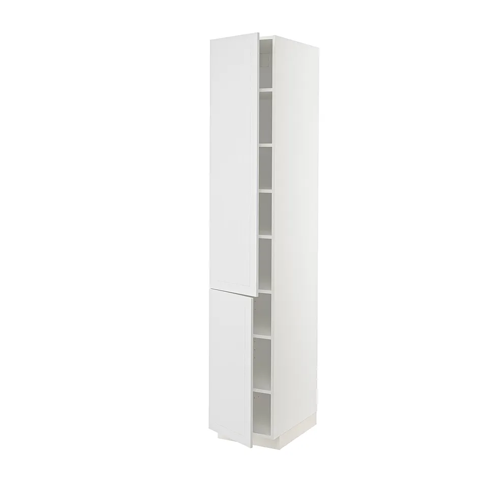 White METOD kitchen cabinet, tall and slim, with adjustable shelves.