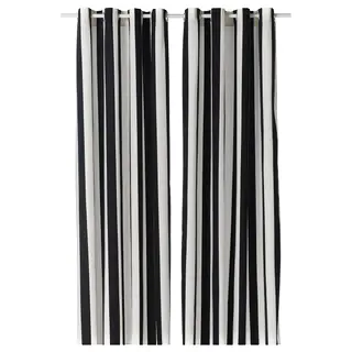 SLÅNHÖSTMAL curtains, 1 pair, white/black stripe/with eyelets, 145x250 cm