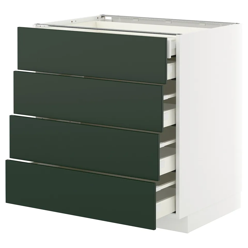 METOD kitchen cabinet with 4 dark green drawers on white base, modern design.