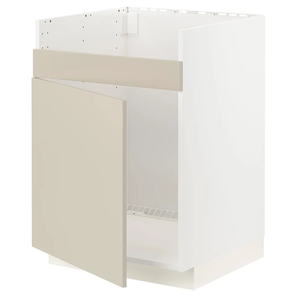 METOD kitchen unit in beige with wire rack, 18mm frame, modern design.