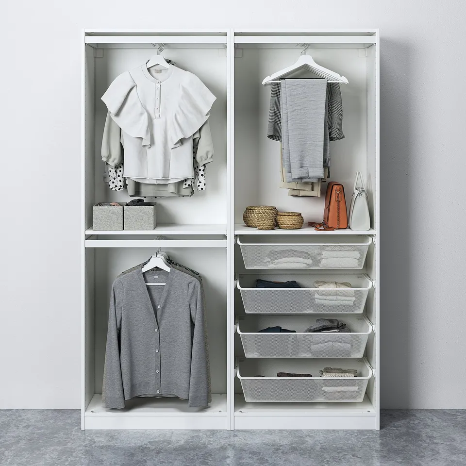 White wardrobe with organised clothes, accessories, and baskets. Sliding doors, adjustable, space-saving.