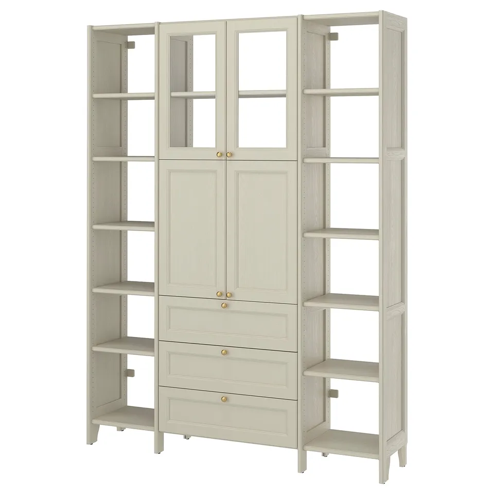 GULDDRAGARE Storage combination, beige/clear glass with 3 drawers, 162x37x216 cm