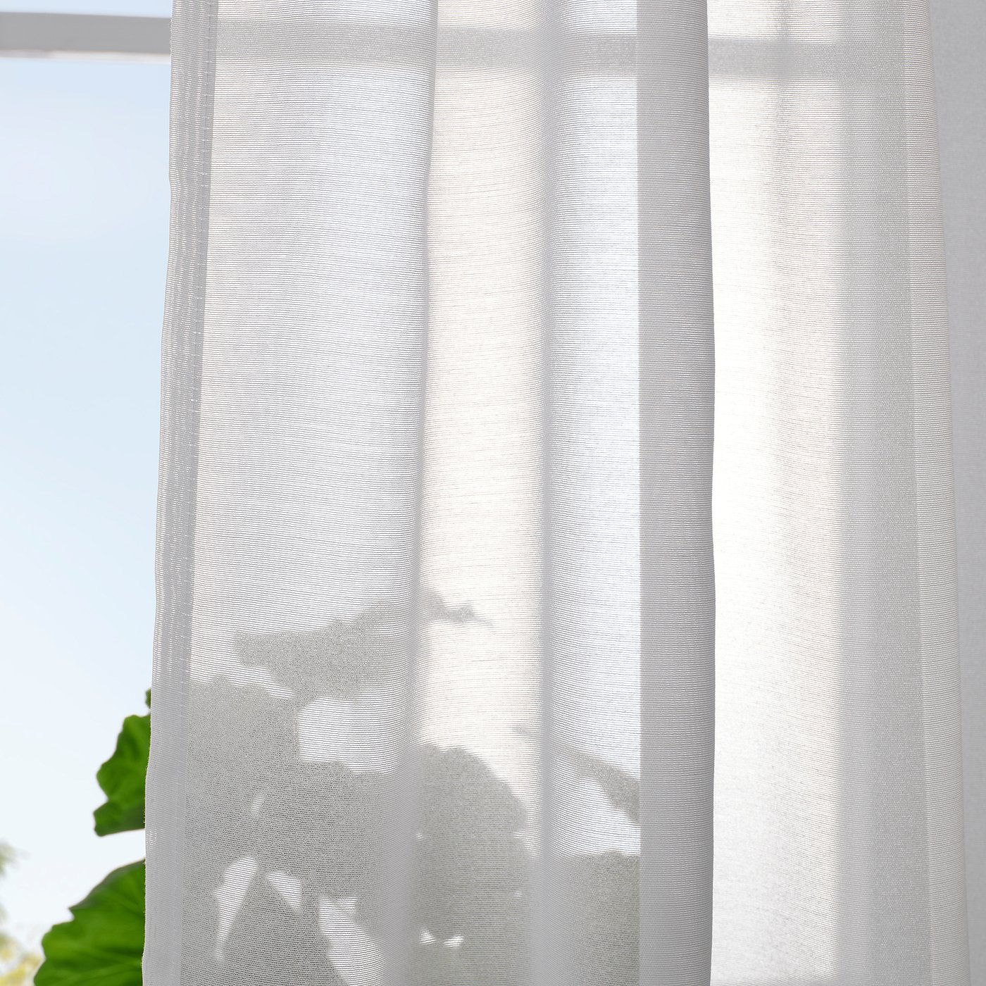 Sheer white curtains hanging by a window, filtering soft daylight, with a green plant blurred in the background.