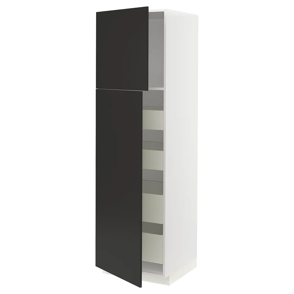 Modern black and white METOD cabinet with glass shelves, sleek design.