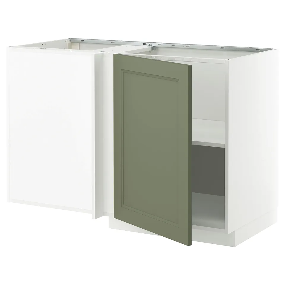 A METOD kitchen unit with grey-green axstad fronts, featuring a rectangular design with a green door open, revealing a dark shelf inside.