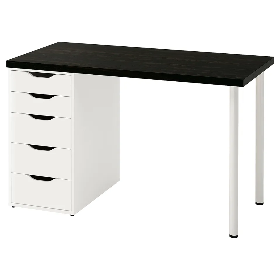 Black desk with white drawers, metallic legs.