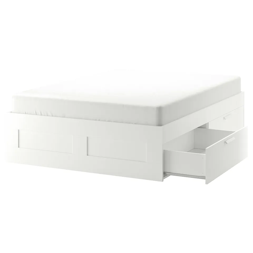 White BRIMNES storage bed, sleek & modern, 4 drawers, minimalist design.