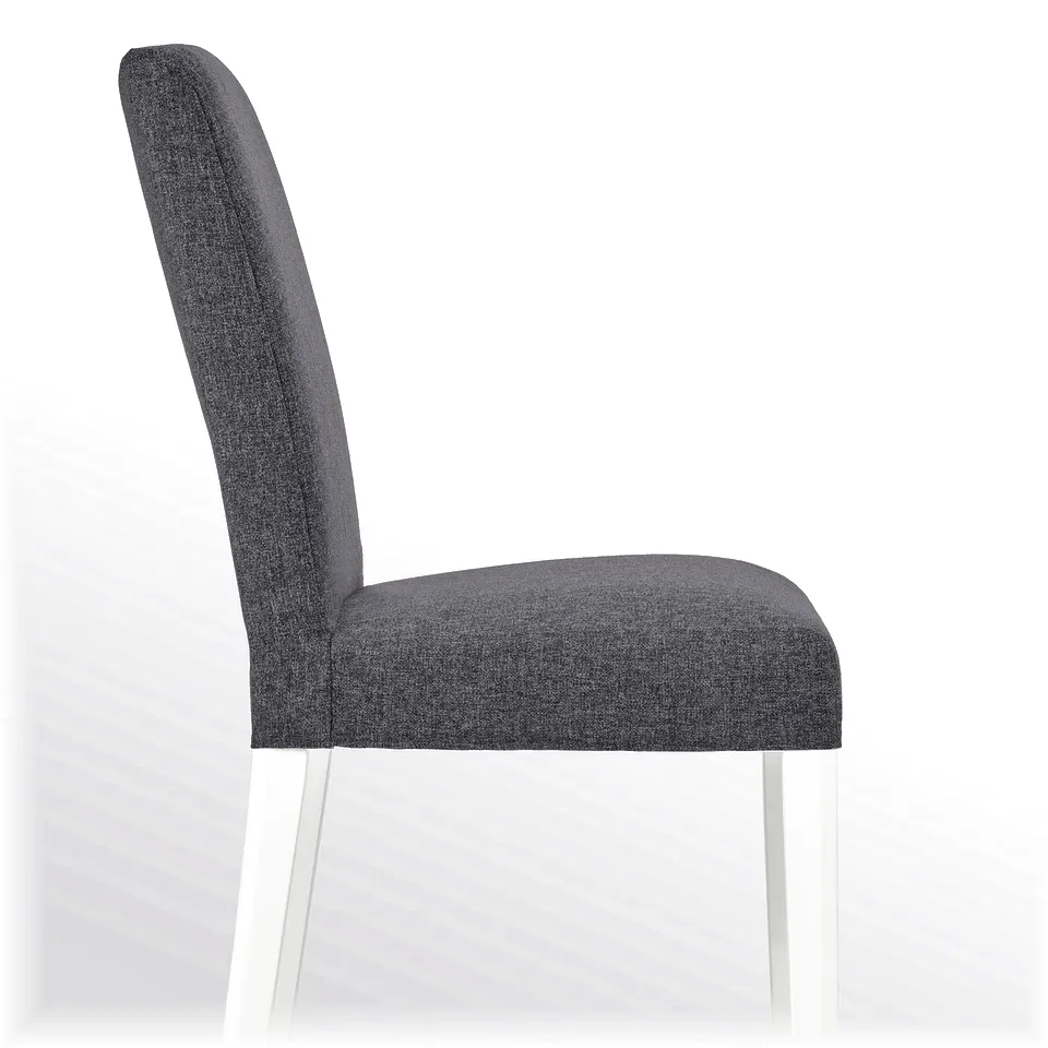 Modern fabric chair, high back, grey upholstery, white legs, comfortable design.