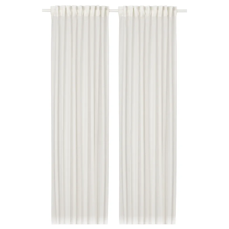 Two white HÄLLEBRÄCKA sheer curtains hang straight, featuring a simple, clean design with pleated heading tape for a modern and classic look.