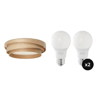 NÖSUND/SOLHETTA set: ceiling lamp + LED bulb E27 806 lumen x2, birch + dimmable/globe opal white, 44 cm