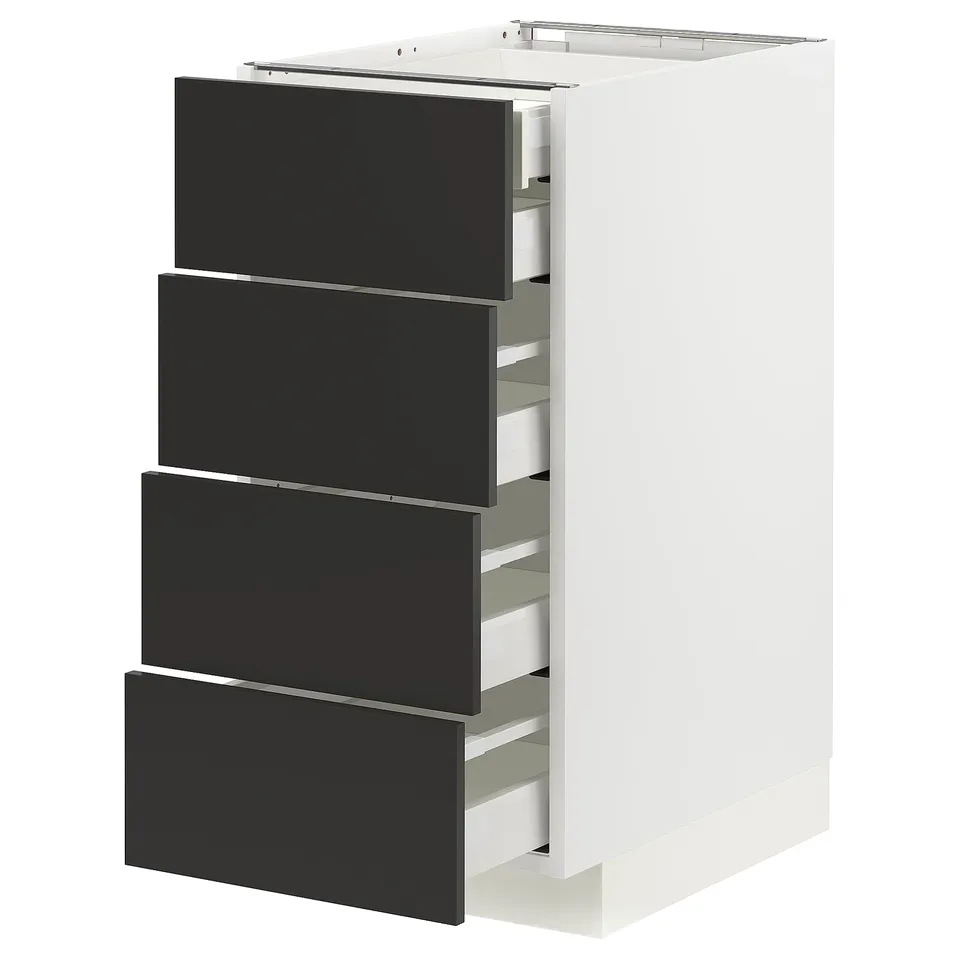 Modern kitchen unit: METOD in white & black, four drawers, sleek design, full-extension drawers.