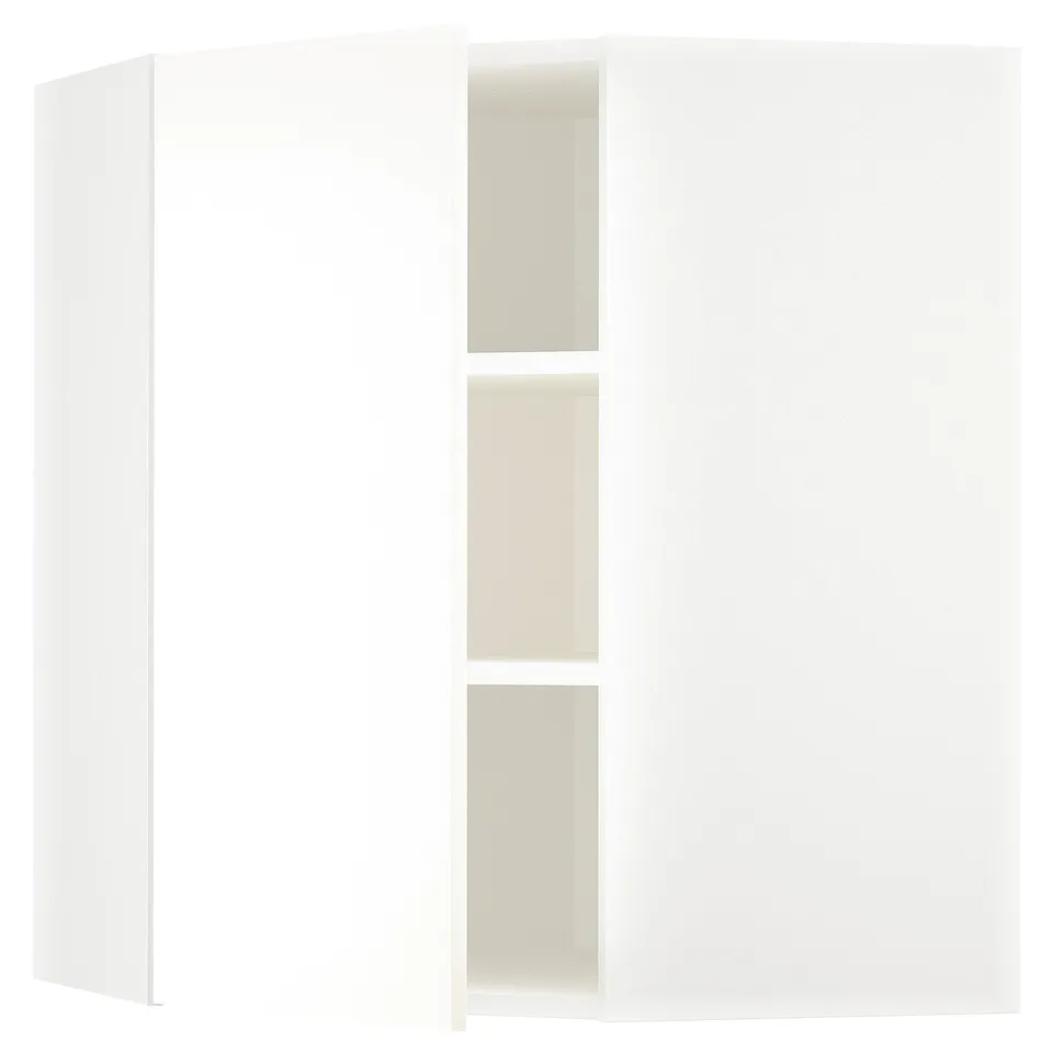 White METOD corner cabinet with adjustable shelves.