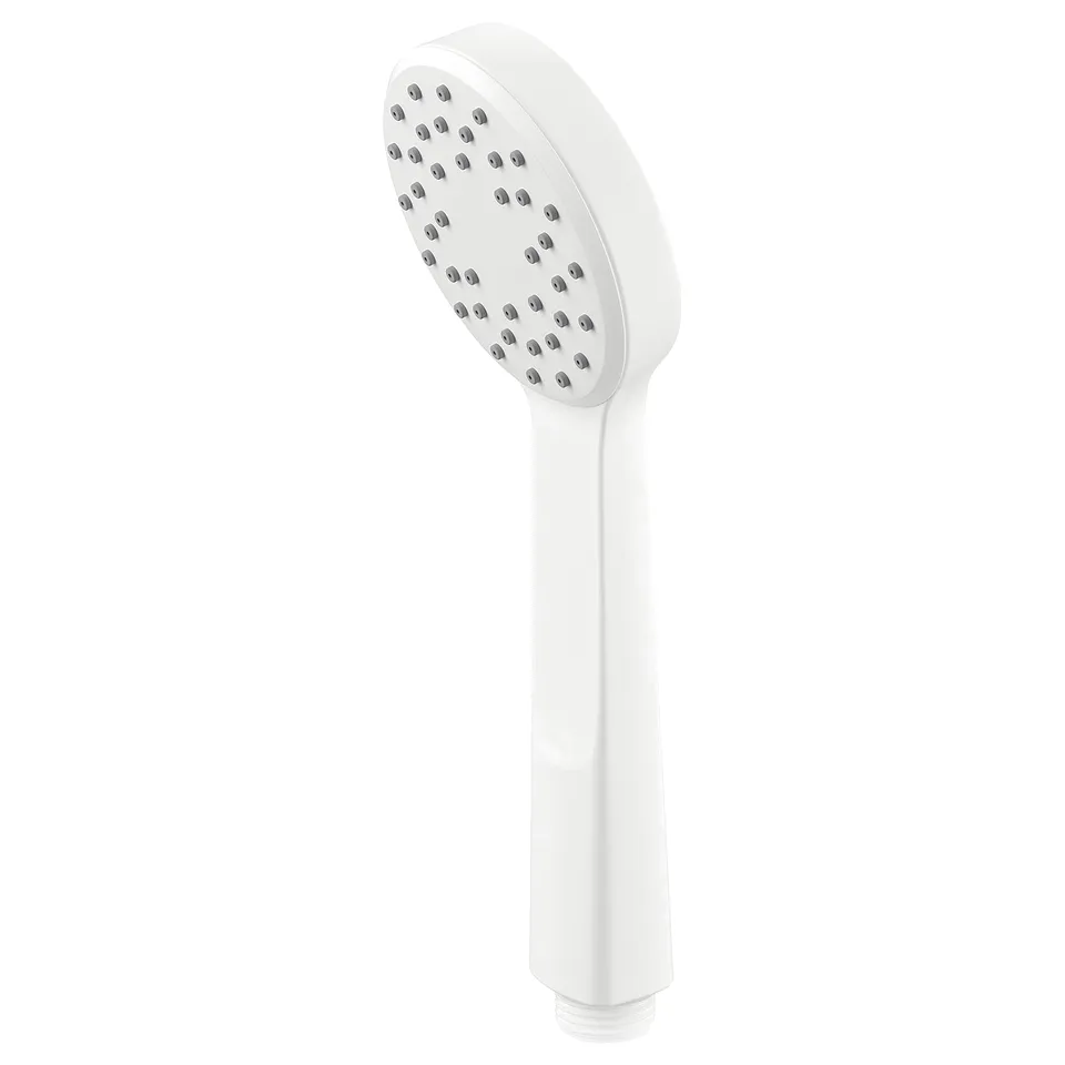 White LILLREVET handheld showerhead, abs plastic, rounded shape, full spray, rubber nozzles.