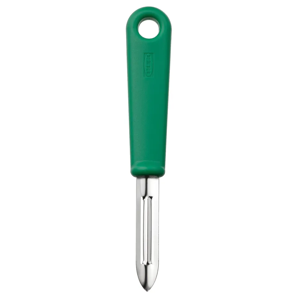 Green UPPFYLLD peeler, stainless steel blade, plastic handle with hole for hanging.